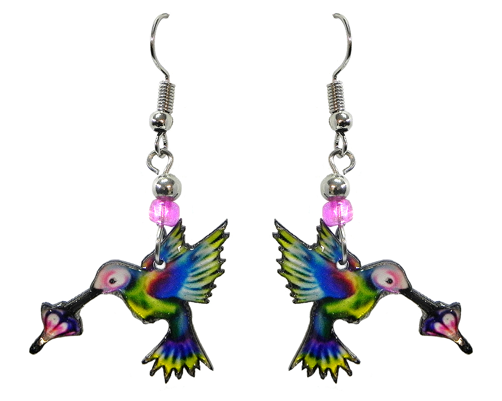 Hummingbird acrylic dangle earrings with beaded metal hooks in rainbow colors.