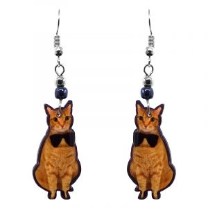 Bowtie Tabby cat acrylic dangle earrings with beaded metal hooks in orange, golden, and black color combination.