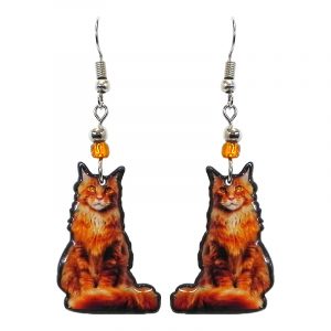 Tabby cat acrylic dangle earrings with beaded metal hooks in orange, golden, and beige color combination.