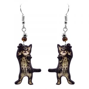 Tabby kitten cat acrylic dangle earrings with beaded metal hooks in gray, beige, brown, and black color combination.