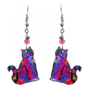 Psychedelic pattern Tabby cat acrylic dangle earrings with beaded metal hooks in hot pink and multicolored color combination.