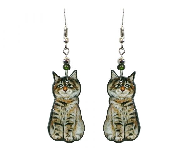 Tabby cat acrylic dangle earrings with beaded metal hooks in brown and gray color combination.