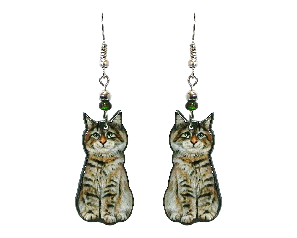 Tabby cat acrylic dangle earrings with beaded metal hooks in brown and gray color combination.