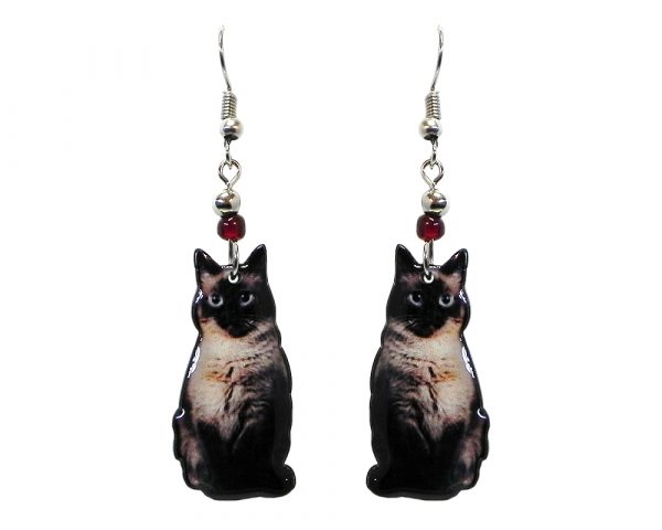 Siamese cat acrylic dangle earrings with beaded metal hooks in black, gray, and beige color combination.