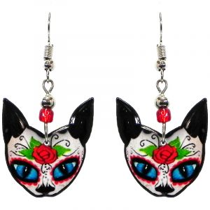 Floral rose Day of the Dead sugar skull pattern cat face acrylic dangle earrings with beaded metal hooks in white, black, red, lime green, and turquoise color combination.