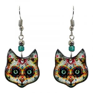 Day of the Dead sugar skull pattern cat face acrylic dangle earrings with beaded metal hooks in white, golden yellow, and multicolored color combination.