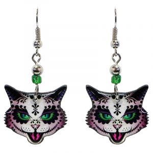 Tribal pattern sugar skull cat face acrylic dangle earrings with beaded metal hooks in purple, green, and black color combination.