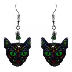 Neon psychedelic Day of the Dead sugar skull pattern cat face acrylic dangle earrings with beaded metal hooks in black and multicolored color combination.