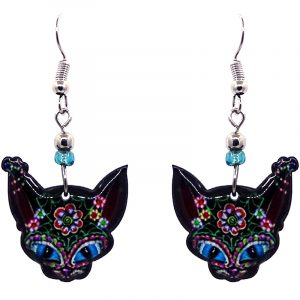 Floral Day of the Dead sugar skull pattern cat face acrylic dangle earrings with beaded metal hooks in black and multicolored color combination.