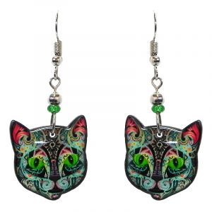 Neon psychedelic Day of the Dead sugar skull pattern cat face acrylic dangle earrings with beaded metal hooks in black and multicolored color combination.
