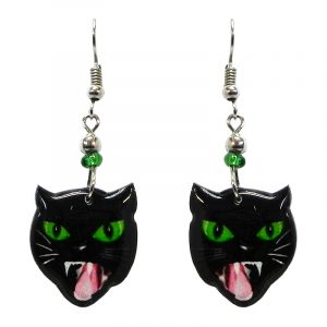 Hissing black cat face acrylic dangle earrings with beaded metal hooks in black, lime green, white, and pink color combination.