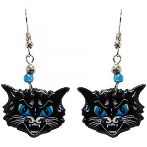 Cartoon black cat face acrylic dangle earrings with beaded metal hooks in black, white, and turquoise blue color combination.