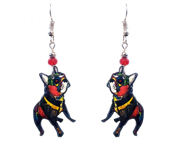 Art pattern French Bulldog dog acrylic dangle earrings with beaded metal hooks in red and multicolored color combination.