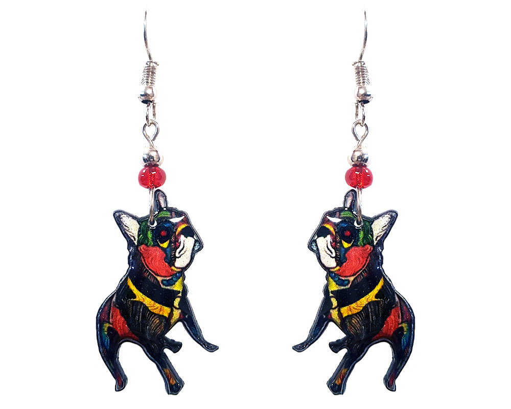 EA-041400010309 Art pattern French Bulldog dog acrylic dangle earrings with beaded metal hooks in red and multicolored color combination.