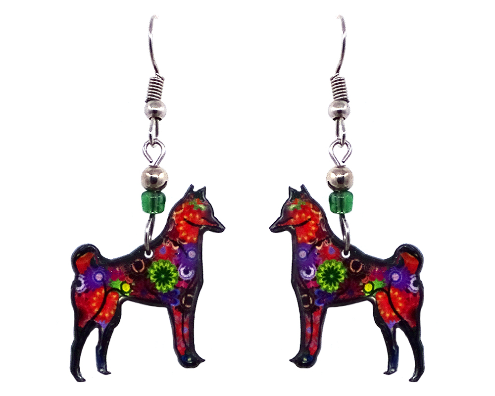 EA-041400020406 Floral pattern Shiba Inu dog acrylic dangle earrings with beaded metal hooks in multicolored color combination.