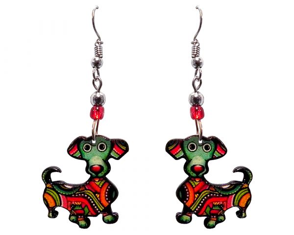 Tribal pattern Dachshund dog acrylic dangle earrings with beaded metal hooks in green, red, golden yellow, black and white color combination.