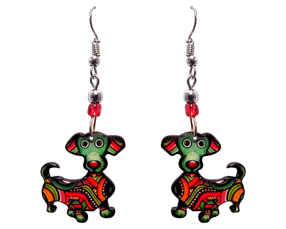 Tribal pattern Dachshund dog acrylic dangle earrings with beaded metal hooks in green, red, golden yellow, black and white color combination.