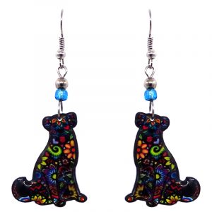 Floral pattern Labrador dog acrylic dangle earrings with beaded metal hooks in black and multicolored color combination.