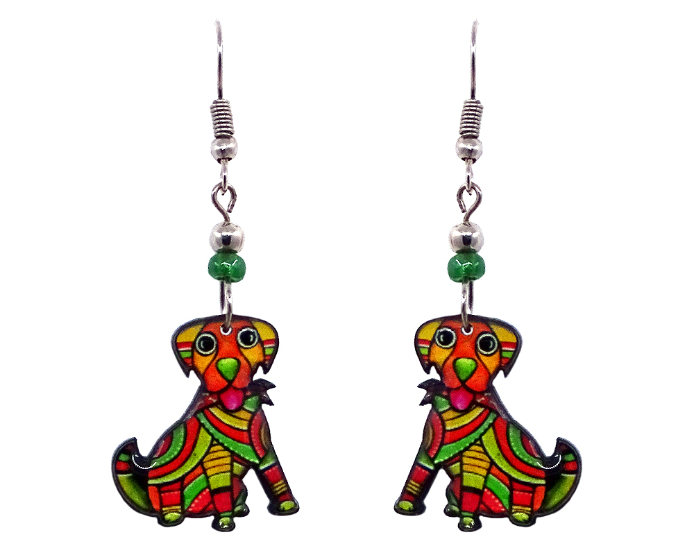 EA-041400340203 Tribal pattern Beagle dog acrylic dangle earrings with beaded metal hooks in lime green, orange, red, and golden yellow color combination.