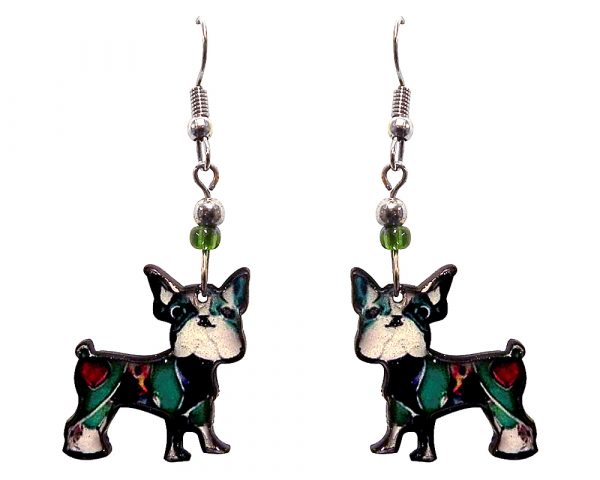 Art pattern Boston Terrier dog acrylic dangle earrings with beaded metal hooks in teal, red, black, and white color combination.