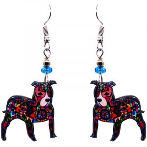 Psychedelic pattern Pitbull terrier puppy dog acrylic dangle earrings with beaded metal hooks in black and multicolored color combination.