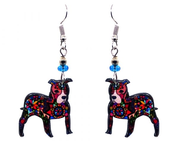 Psychedelic pattern Pitbull terrier puppy dog acrylic dangle earrings with beaded metal hooks in black and multicolored color combination.