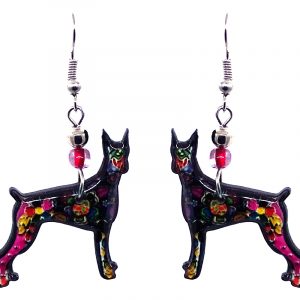 Floral pattern Great Dane dog acrylic dangle earrings with beaded metal hooks in black and multicolored color combination.