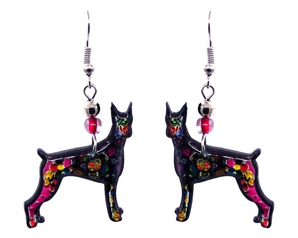 Floral pattern Great Dane dog acrylic dangle earrings with beaded metal hooks in black and multicolored color combination.