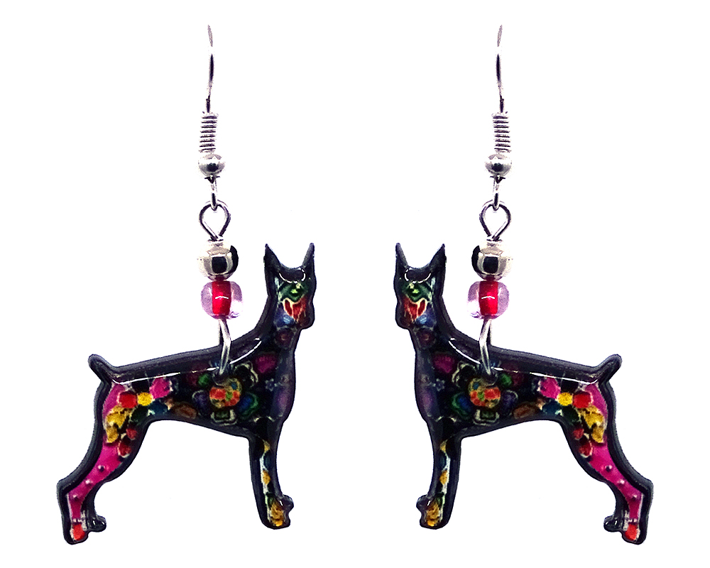EA-041400990937 Floral pattern Great Dane dog acrylic dangle earrings with beaded metal hooks in black and multicolored color combination.