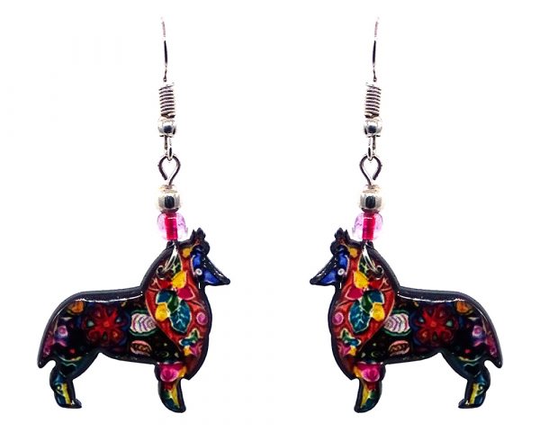 Floral pattern Collie dog acrylic dangle earrings with beaded metal hooks in black and multicolored color combination.