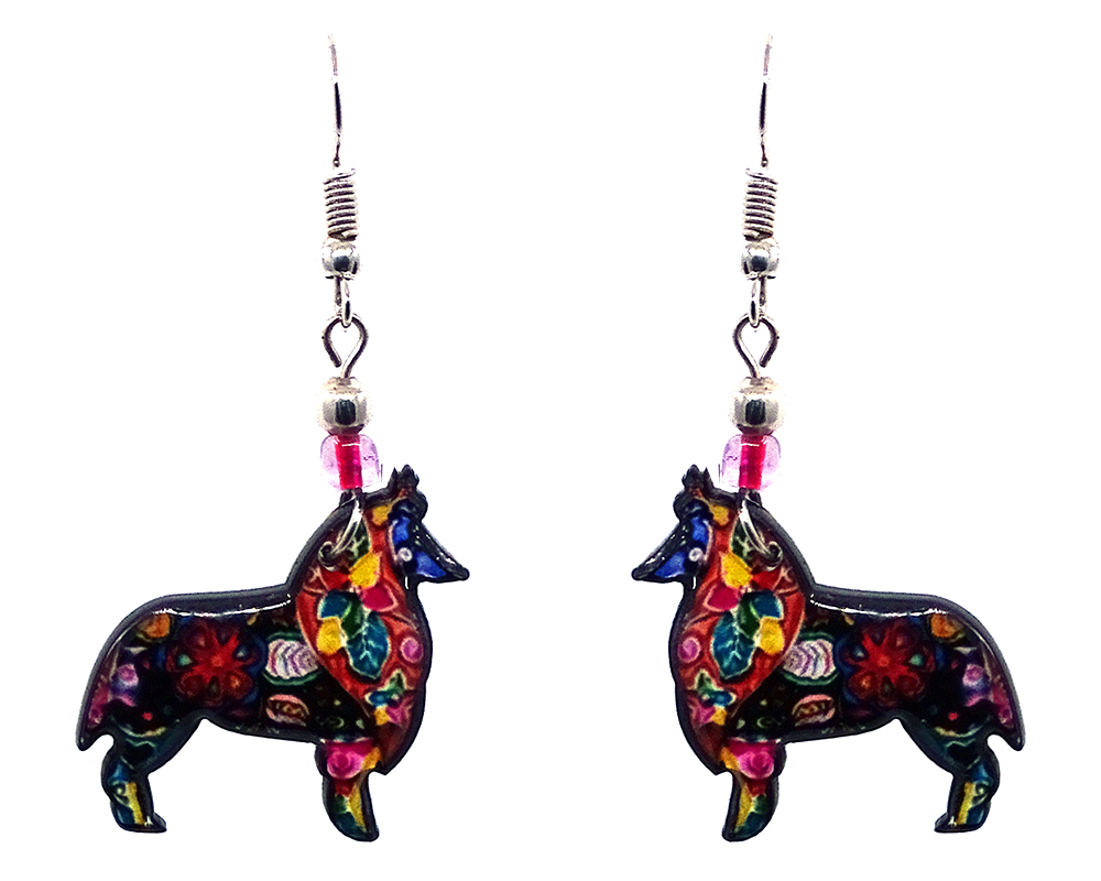 Floral pattern Collie dog acrylic dangle earrings with beaded metal hooks in black and multicolored color combination.