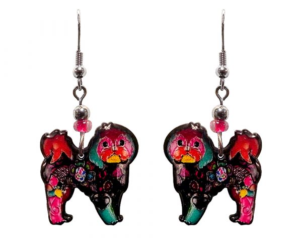 Floral pattern Shih Tzu dog acrylic dangle earrings with beaded metal hooks in hot pink, black and multicolored color combination.