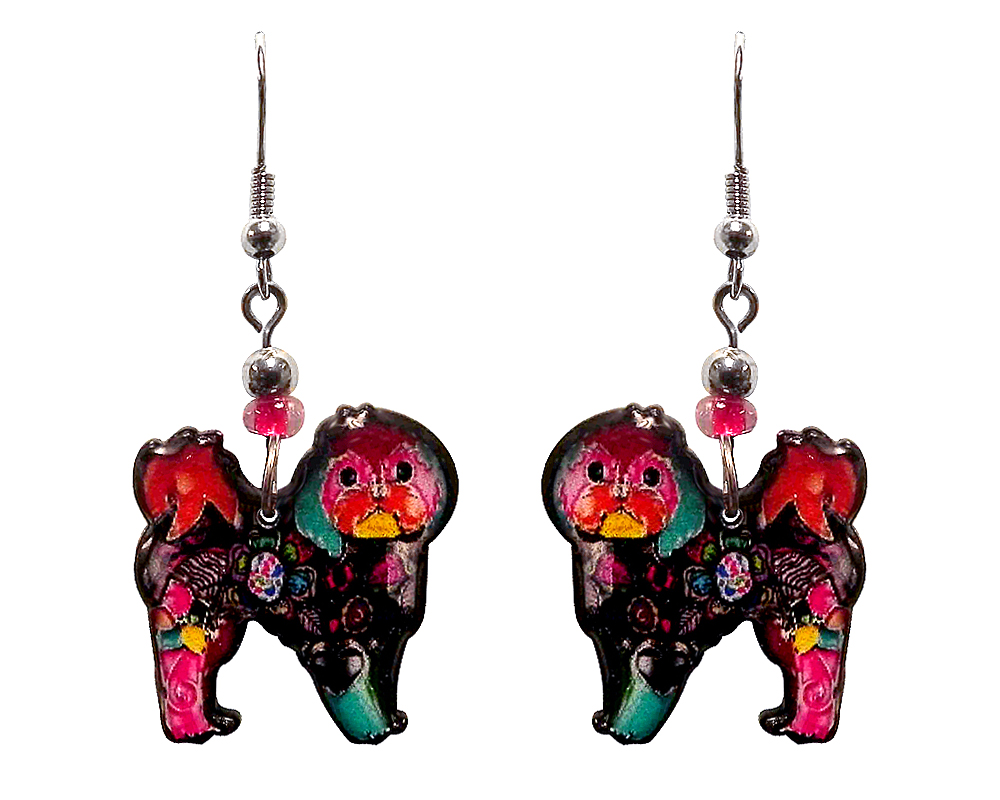 EA-041400993744 Floral pattern Shih Tzu dog acrylic dangle earrings with beaded metal hooks in hot pink, black and multicolored color combination.