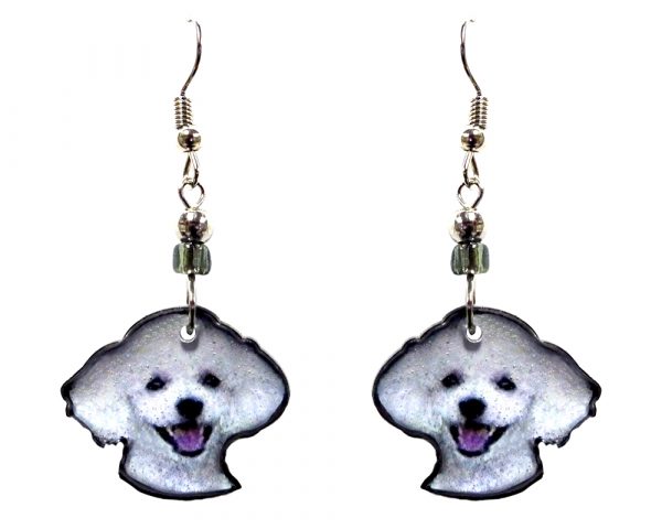 Poodle dog face acrylic dangle earrings with beaded metal hooks in white, gray, black, and pink color combination.