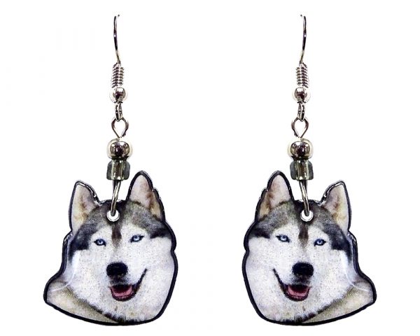 Husky dog face acrylic dangle earrings with beaded metal hooks in gray, white, black, and pink color combination.