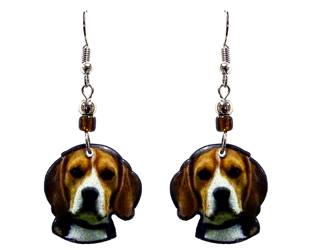 EA-041401080009 Beagle dog face acrylic dangle earrings with beaded metal hooks in brown, white, and black color combination.