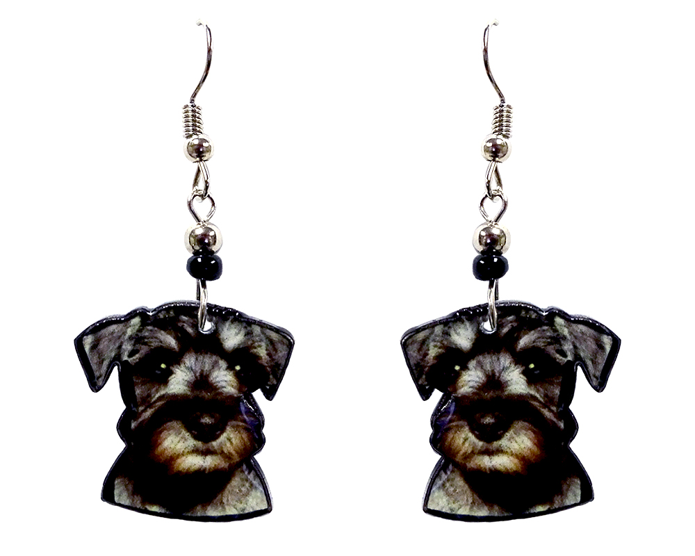 EA-041401091908 Miniature Schnauzer dog face acrylic dangle earrings with beaded metal hooks in black, gray, and beige color combination.