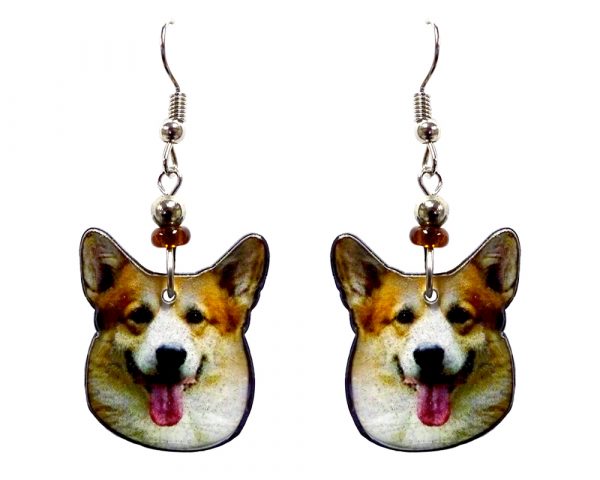 Corgi dog face acrylic dangle earrings with beaded metal hooks in tan, beige, white, black, and pink color combination.