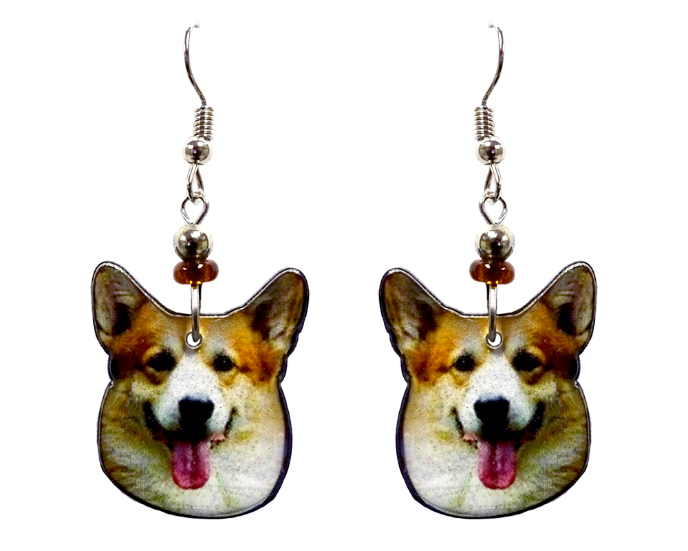 EA-041401180007 Corgi dog face acrylic dangle earrings with beaded metal hooks in tan, beige, white, black, and pink color combination.