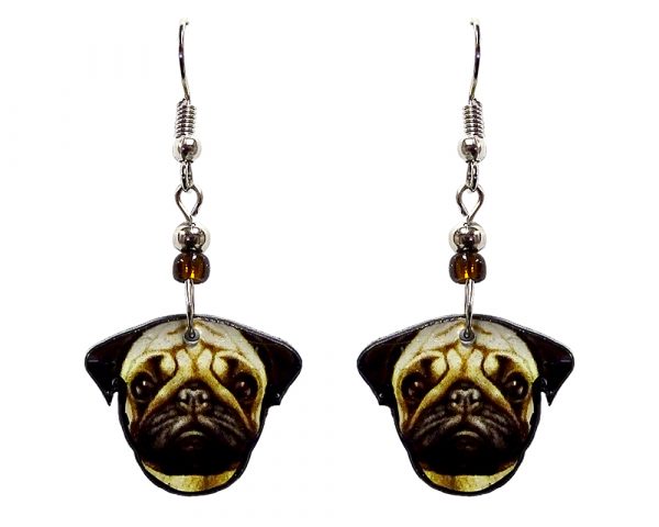 Pug dog face acrylic dangle earrings with beaded metal hooks in dark brown, beige, and black color combination.