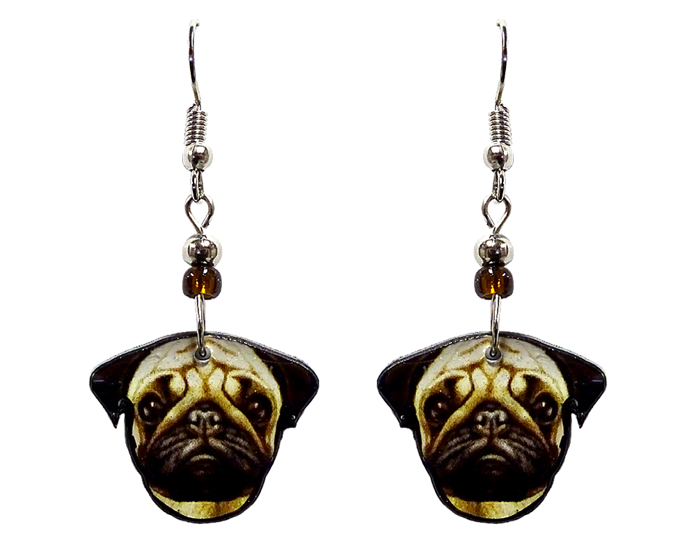 Pug dog face acrylic dangle earrings with beaded metal hooks in dark brown, beige, and black color combination.