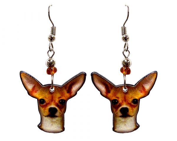 Chihuahua dog face acrylic dangle earrings with beaded metal hooks in golden, tan, beige and black color combination.