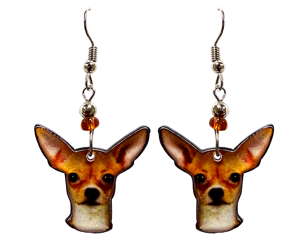 EA-041401330007 Chihuahua dog face acrylic dangle earrings with beaded metal hooks in golden, tan, beige and black color combination.