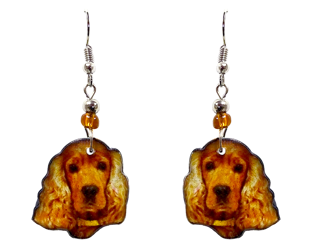 EA-041401330228 Cocker Spaniel dog face acrylic dangle earrings with beaded metal hooks in golden brown, tan, and black color combination.