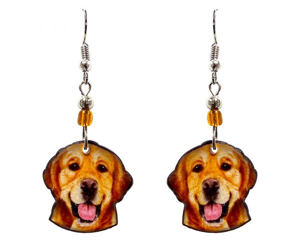 Golden Retriever dog face acrylic dangle earrings with beaded metal hooks in golden brown, tan, beige, black, and pink color combination.