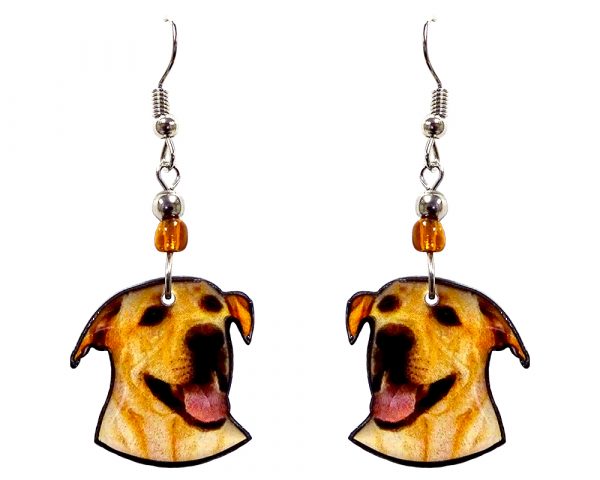 Labrador dog face acrylic dangle earrings with beaded metal hooks in golden yellow, beige, black, and pink color combination.