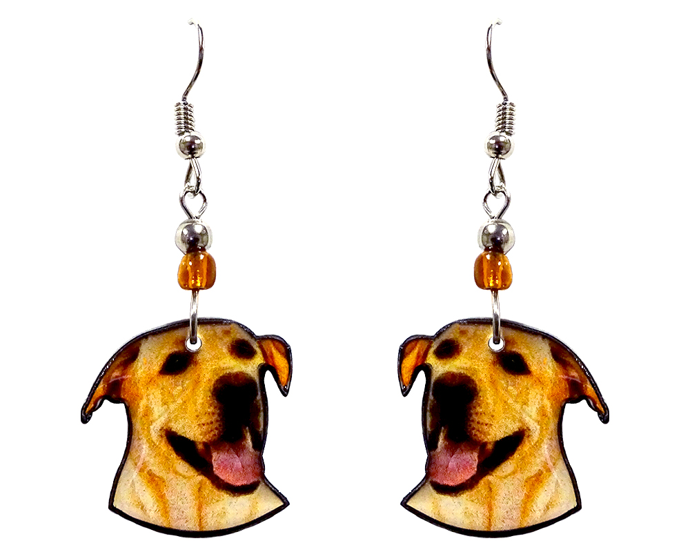 Labrador dog face acrylic dangle earrings with beaded metal hooks in golden yellow, beige, black, and pink color combination.