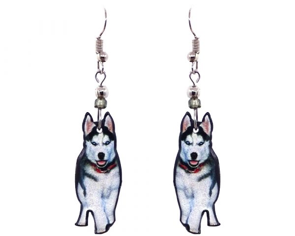 Husky dog acrylic dangle earrings with beaded metal hooks in white, gray, black, pink, and red color combination.