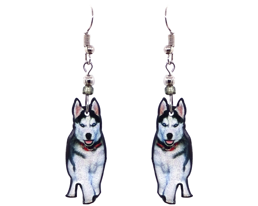 EA-041402000901 Husky dog acrylic dangle earrings with beaded metal hooks in white, gray, black, pink, and red color combination.