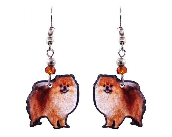 Pomeranian dog acrylic dangle earrings with beaded metal hooks in orange, brown, beige, and black color combination.